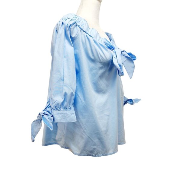 Light Blue Womens Off-Shoulder Blouse With Bow Tie Details & 3/4 Sleeves Size M - Picture 7 of 15